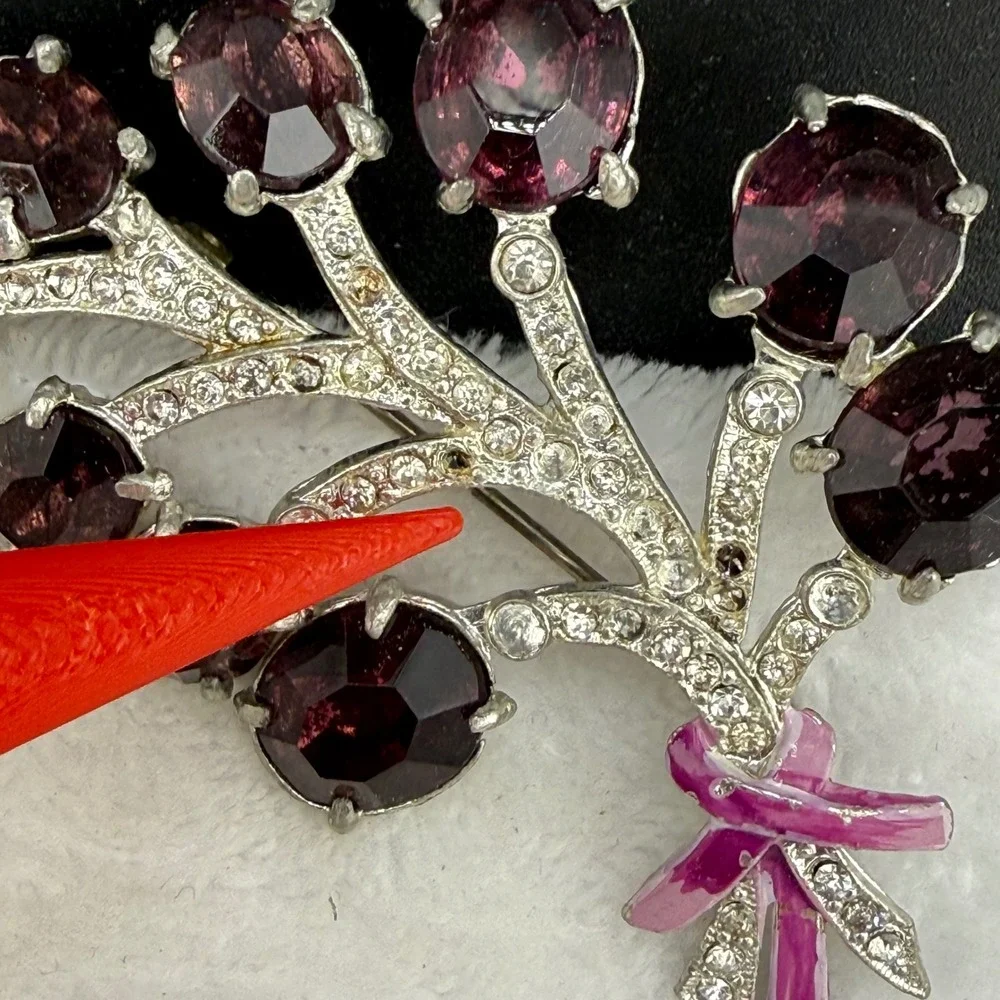 Vintage Rhinestone Brooch Purple Silver Floral Spray